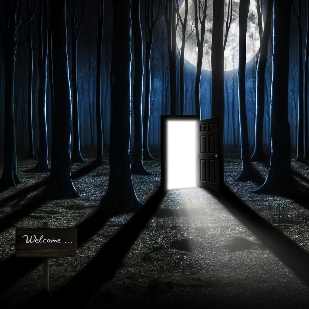 Surreal Dark Forest with Glowing Door in Eerie Landscape Sty...