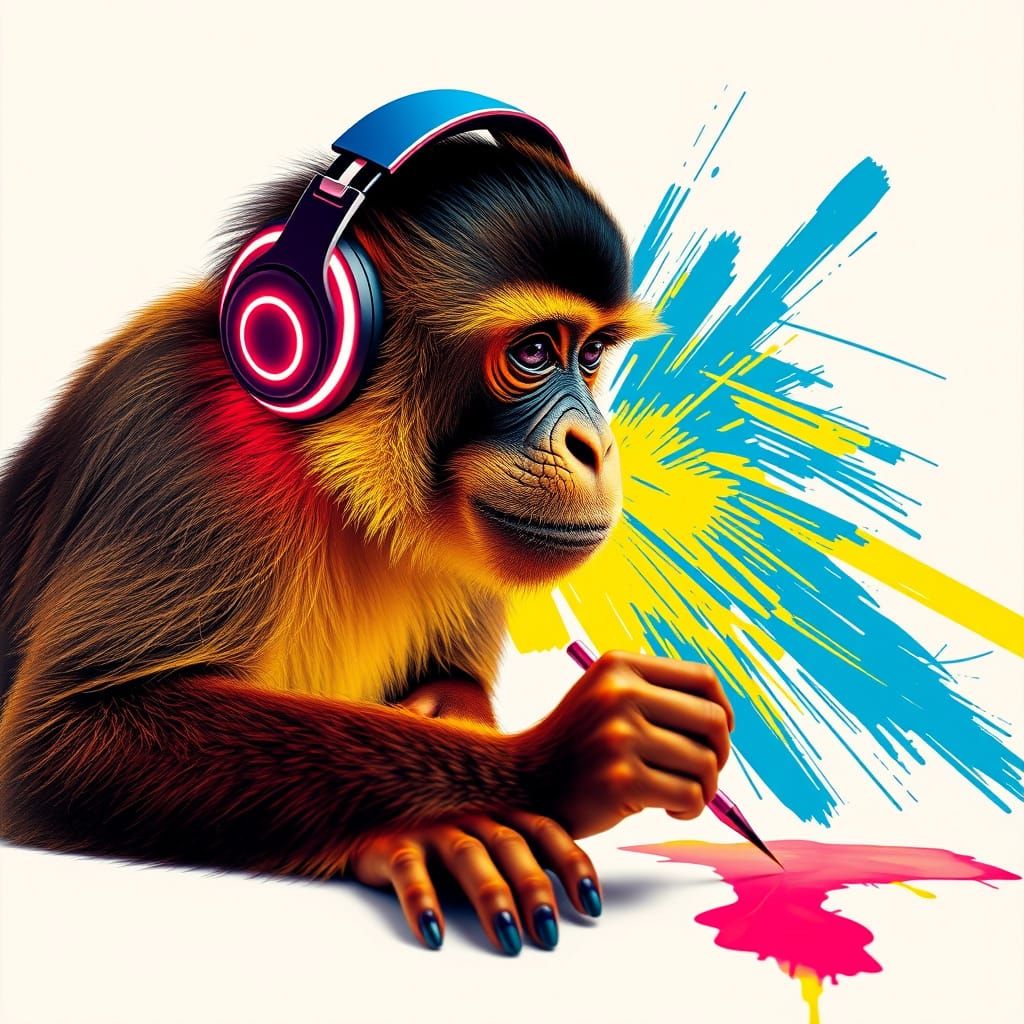 Pop Art Monkey in Neon Headphones Creates Triadic Masterpiec...
