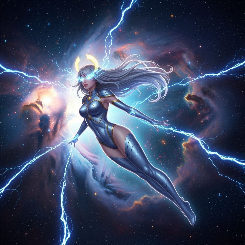 Celestial Superheroine Soaring Through Nebula in Digital Art