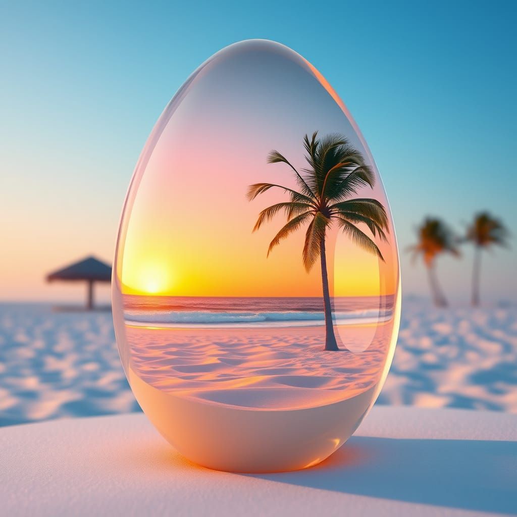 Surreal Crystal Egg with Sunrise Beach Scene Inside