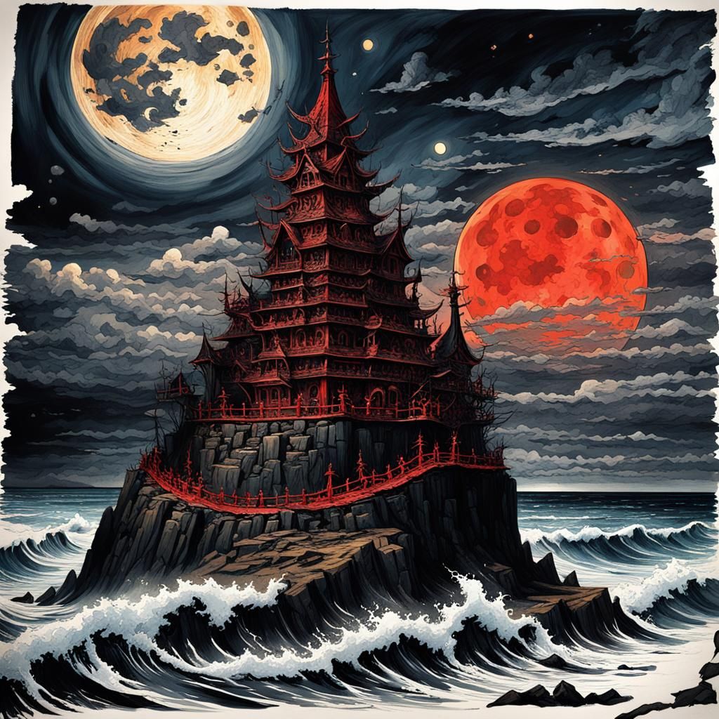 Occult Red Tower in Dark Horror Landscape