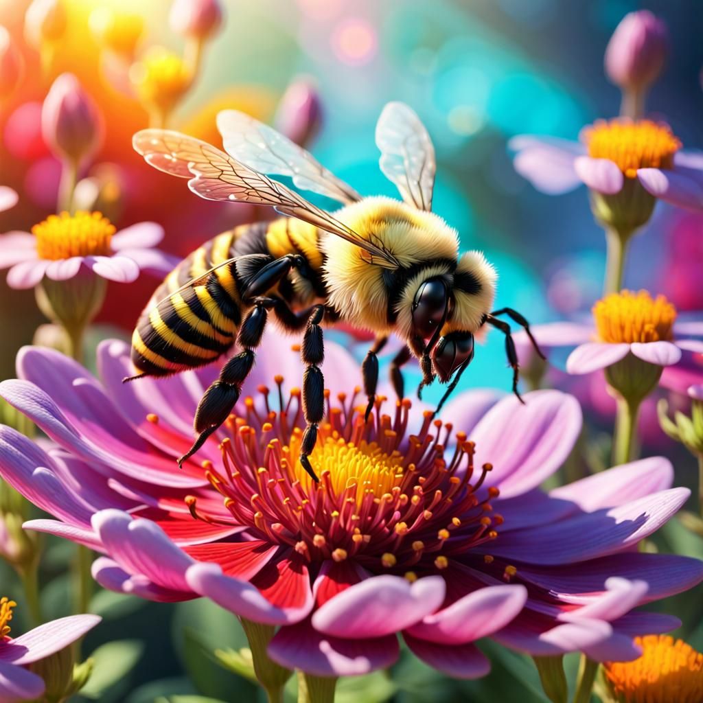Bee in Magical Garden: Hyperrealistic Splash Art