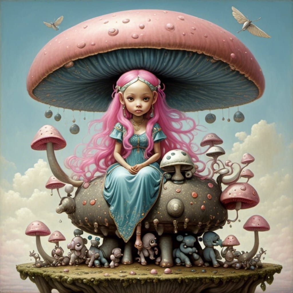 Pastel Fairy on Mushroom in Dreamy Landscape