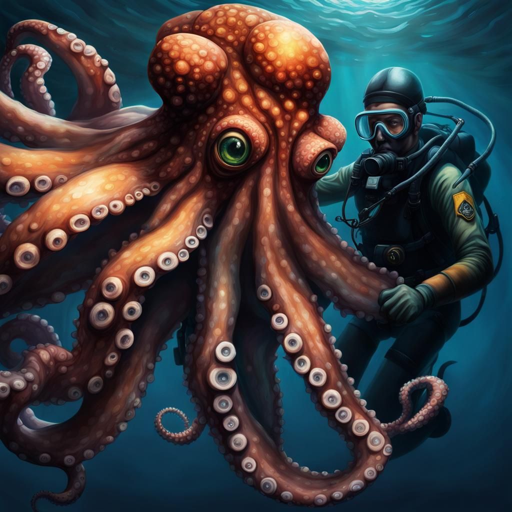 Hyperrealistic Octopus Hunt in Dark Ocean