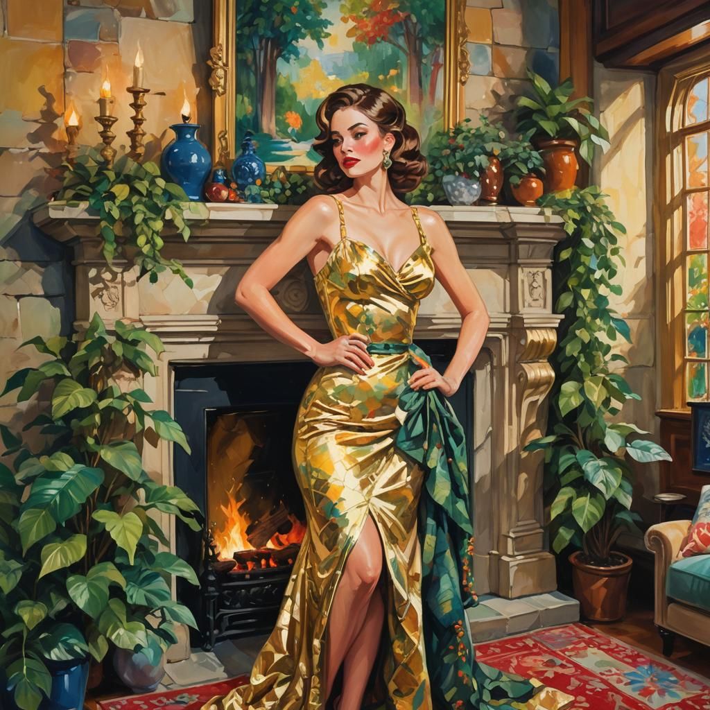 Victorian Pinup Girl by Fireplace, Impressionist Style