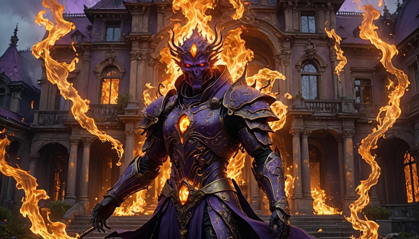 Fiery Spirit Emerges from Burning Mansion in Dark Fantasy Ar...