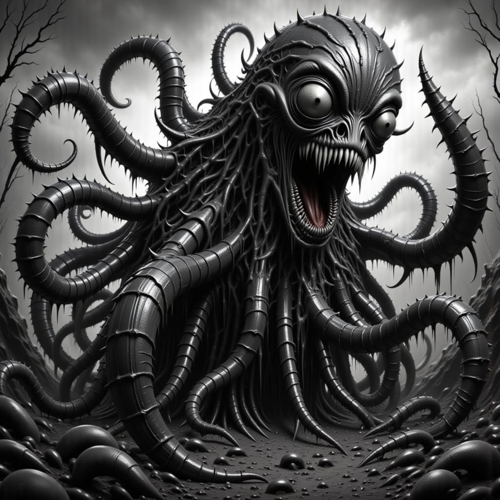 Sinister Octopod Abomination in Black and White