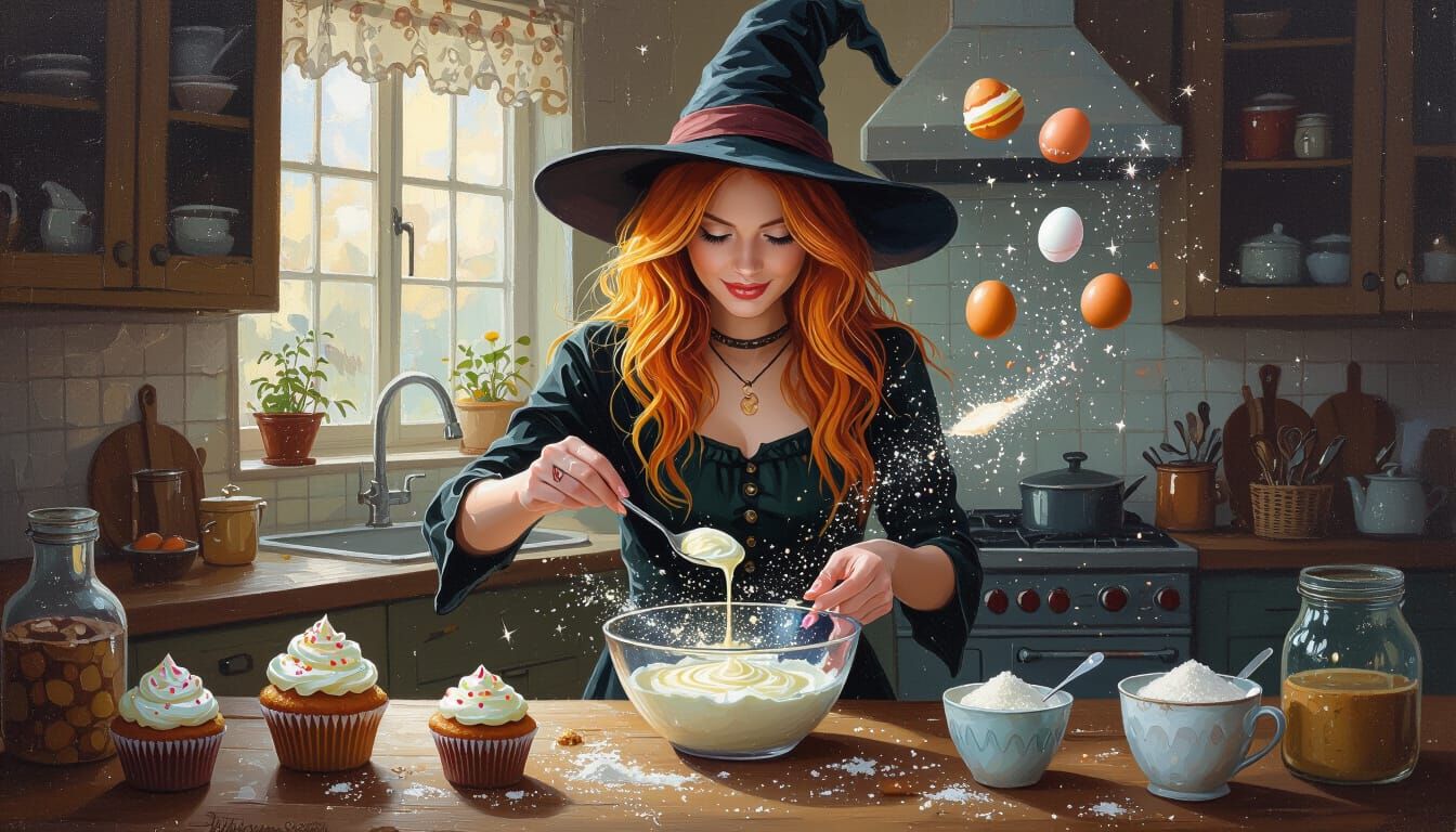 Ginger Witch Baking Cupcakes with Magic, Textured Oil Painti...
