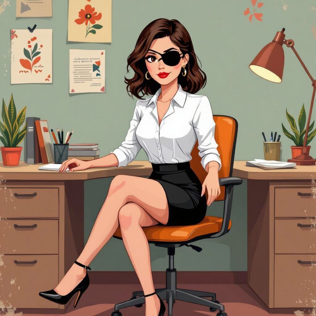 Office Girl with Eye Patch in Vintage Style
