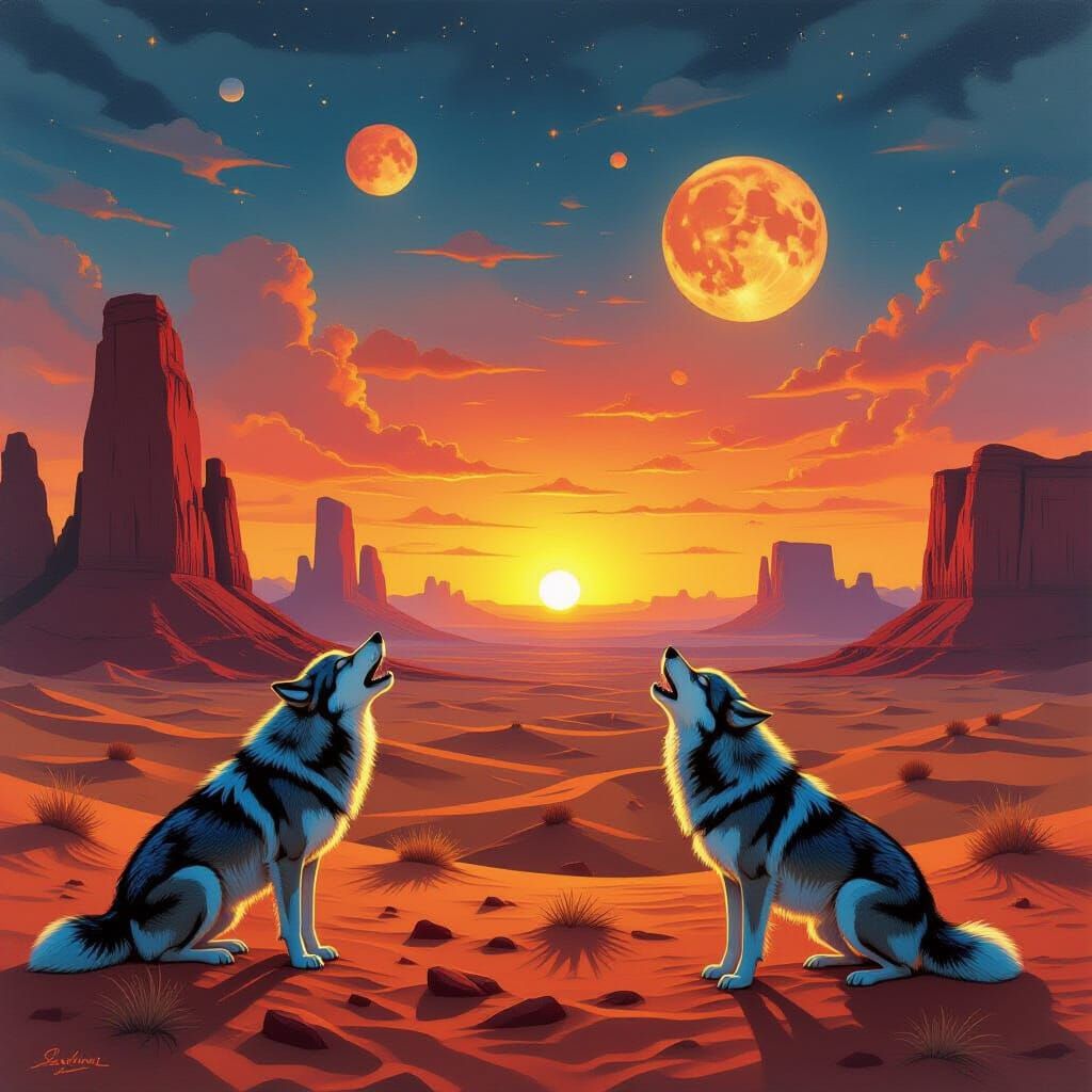 Bioluminescent Wolves Howling at Alien Sunset