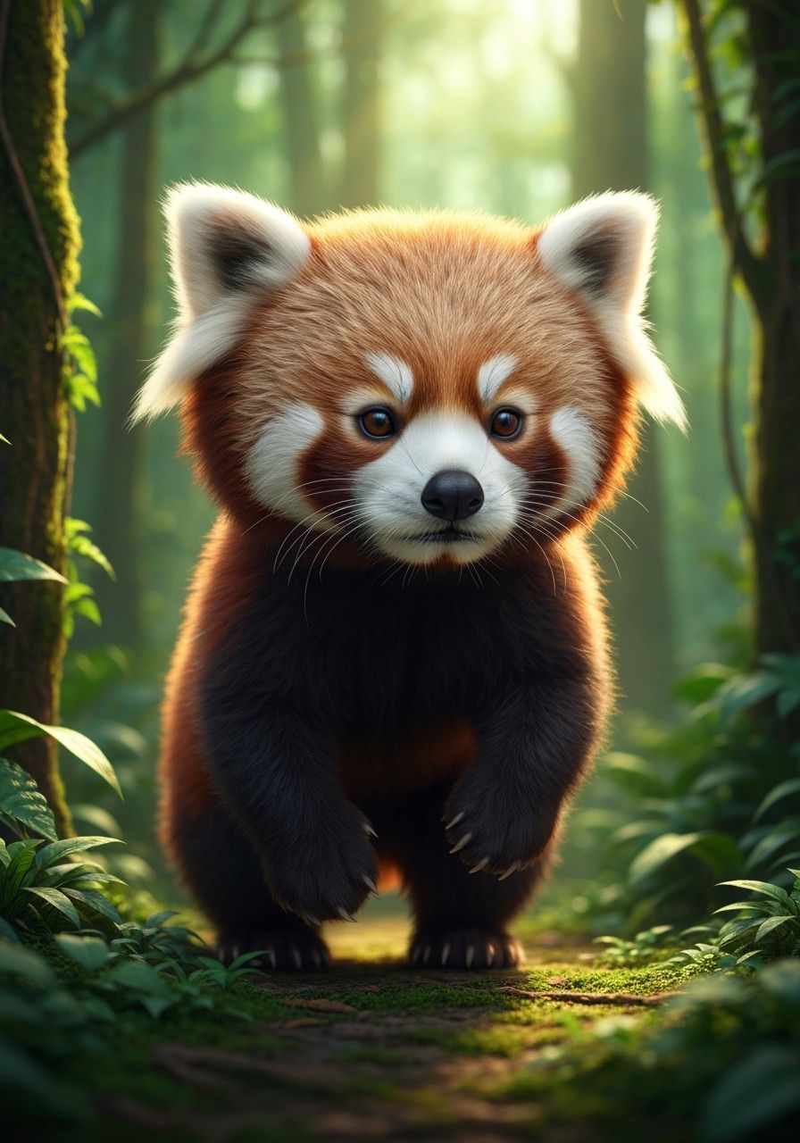 Cute Baby Red Panda in Lush Rainforest
