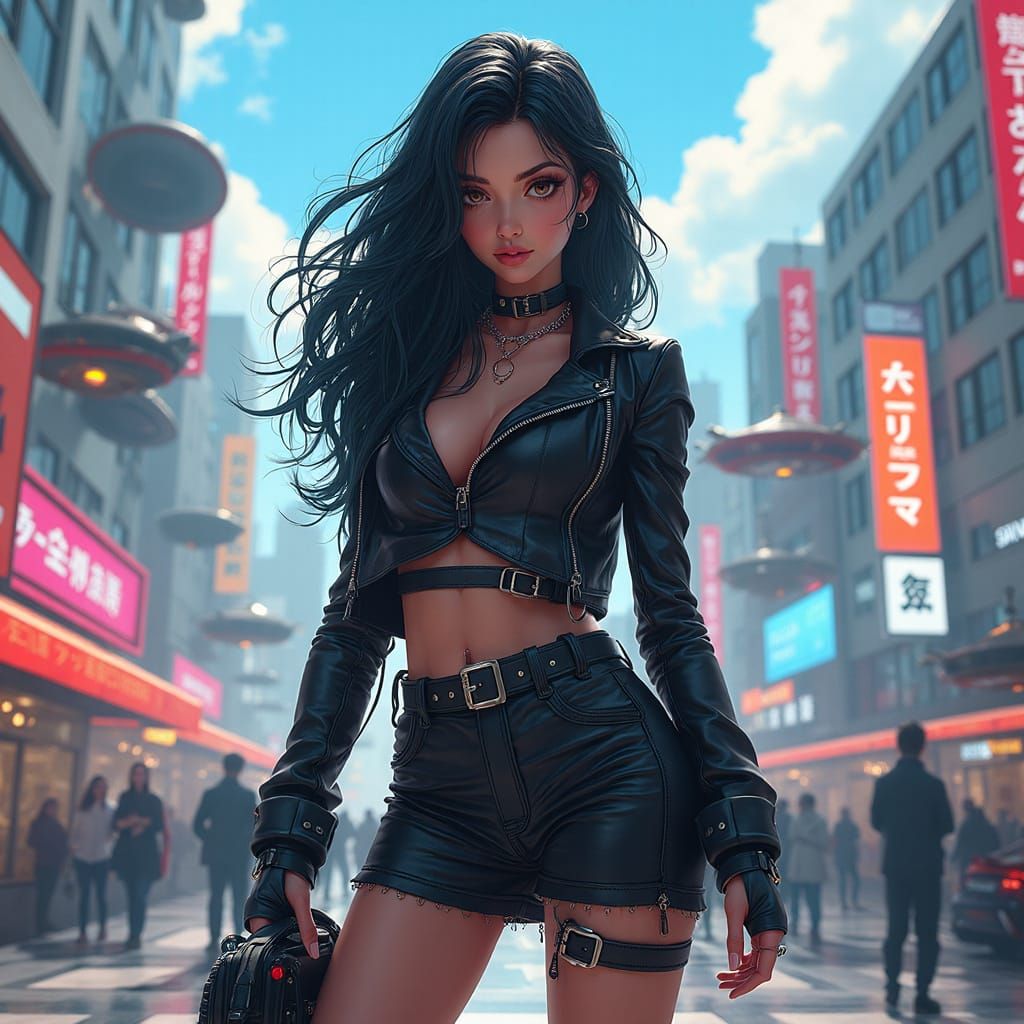 Cyberpunk Woman in Futuristic Cityscape: Anime Style