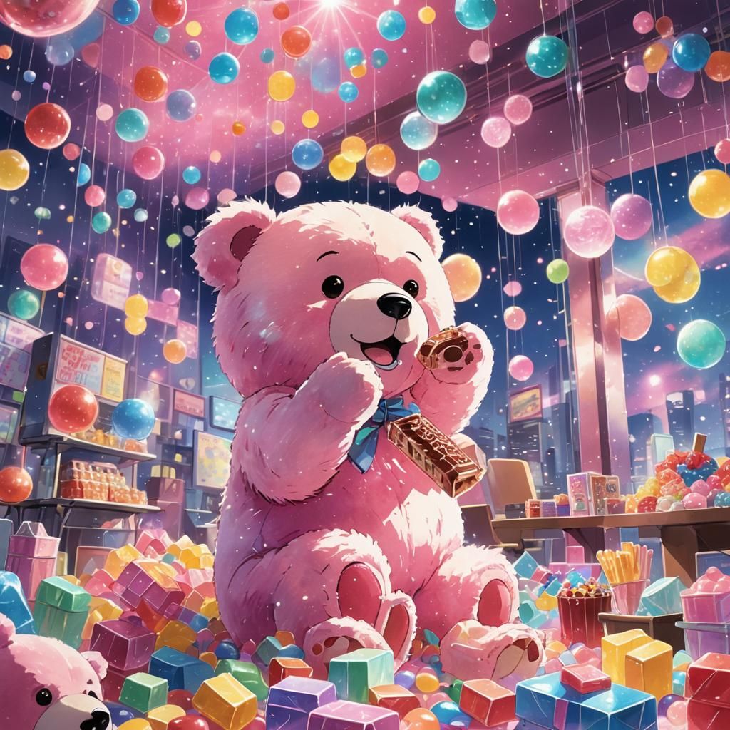 Pink Teddy Bear Rave: Anime Watercolor Key Visual
