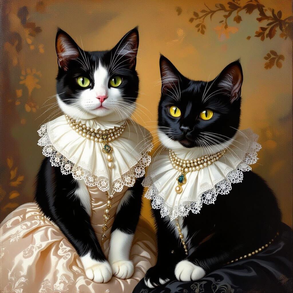 Elegant Tuxedo Cats in Rococo Portraiture Style