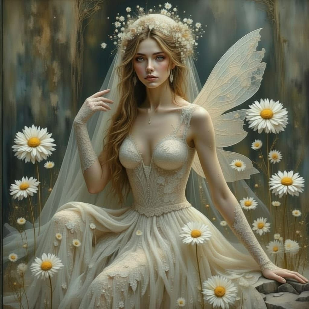 Fairy in Lace with Daisies and Sunshine