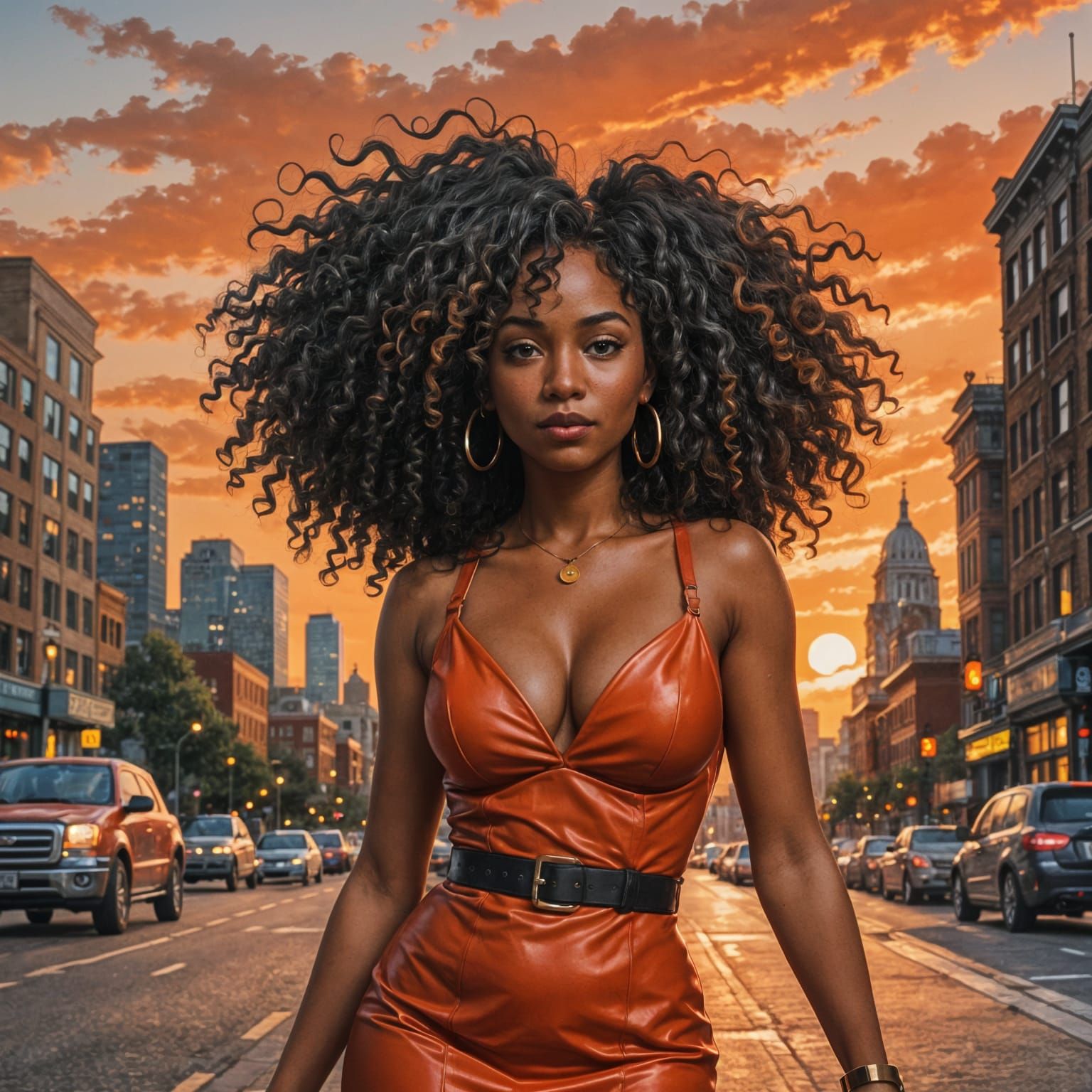 Black Girl in Red Dress at Sunset
