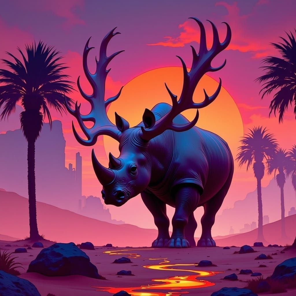 Cyberpunk Rhinoceros in Martian Oasis