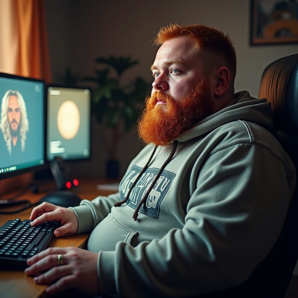 Portly Ginger Streamer in Dimly Lit Gaming Room