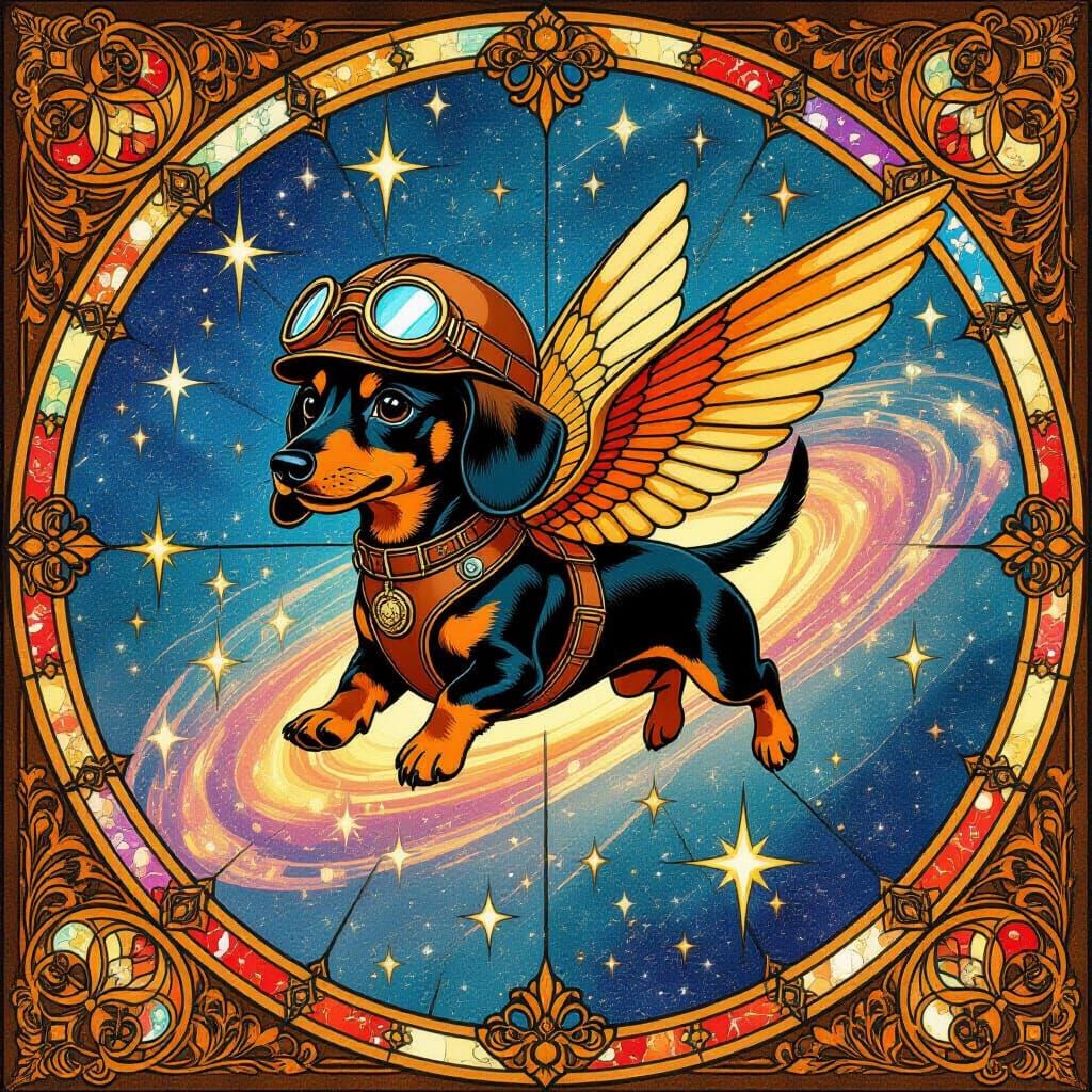 Dachshund Soaring Through Stained Glass Galaxy in Art Nouvea...