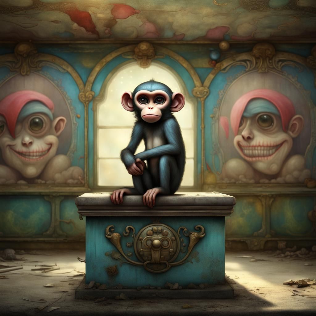 Monkey in Derelict Carnival: Fantasy Art Painting