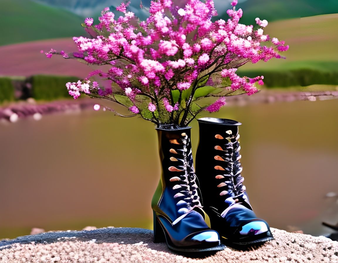 Elegant Cherry Blossom Bouquet in Shiny Black Boots