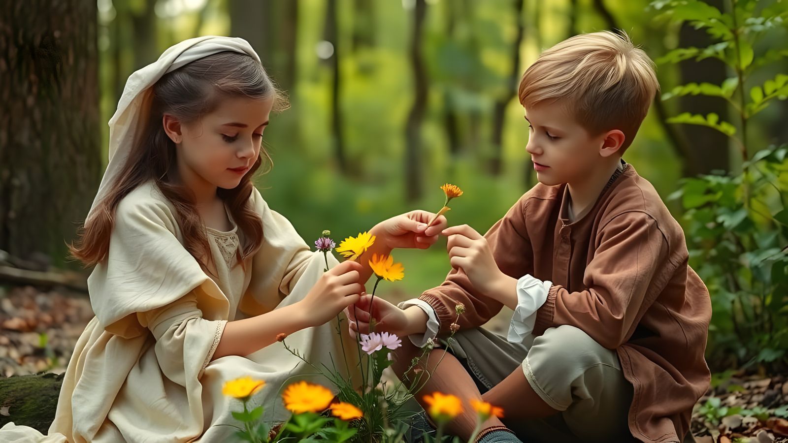 Children Playing with Flowers in Forest Clearing