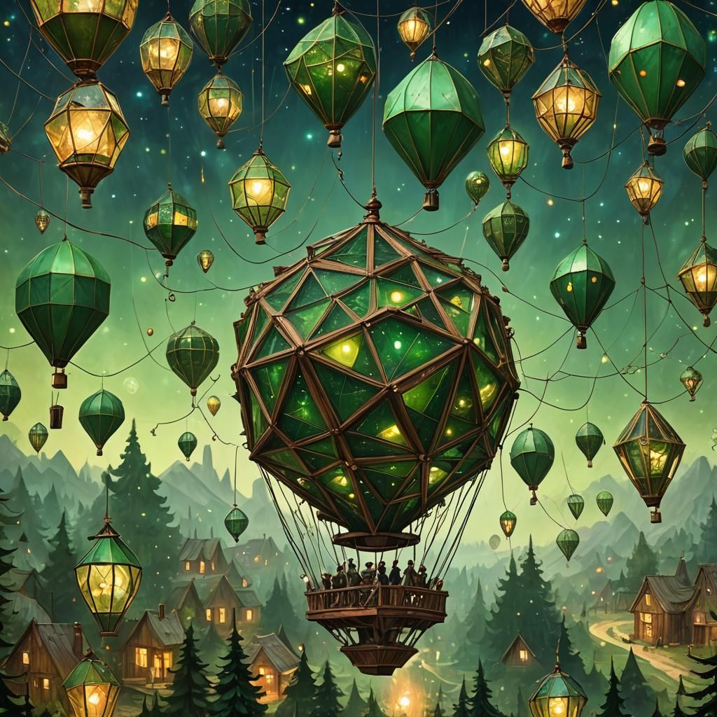 Mechanical Air Balloon in Forest, Hyperrealistic Splash Art