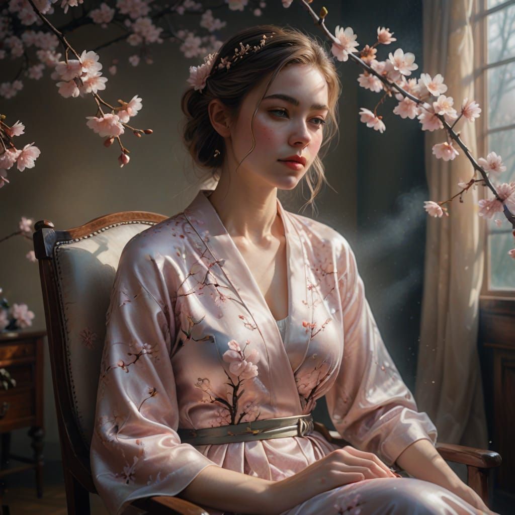 Young Woman in Soft Light with Cherry Blossoms