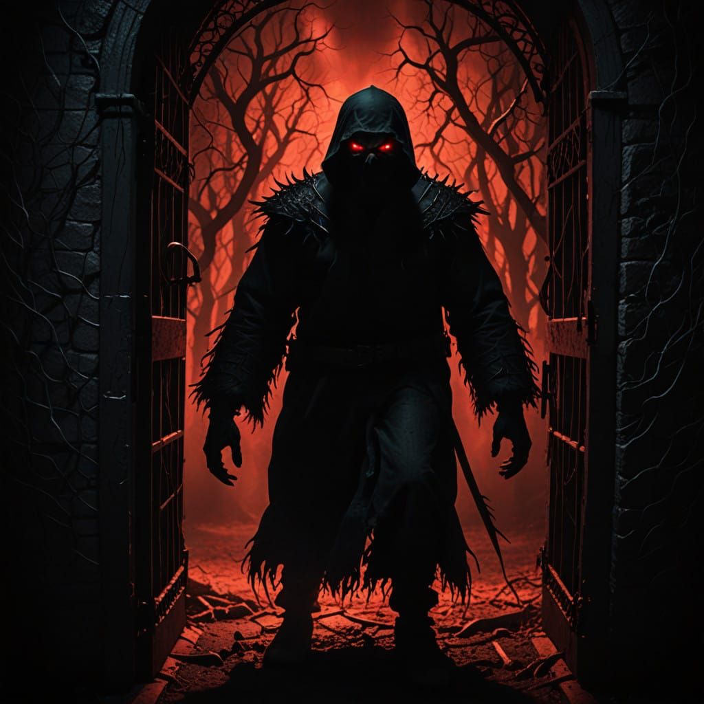 Dark Horror Scene with Red Eyes Behind Hell's Gates