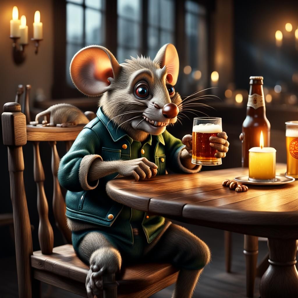 Photorealistic Ratfink Mouse with Beer and Candles