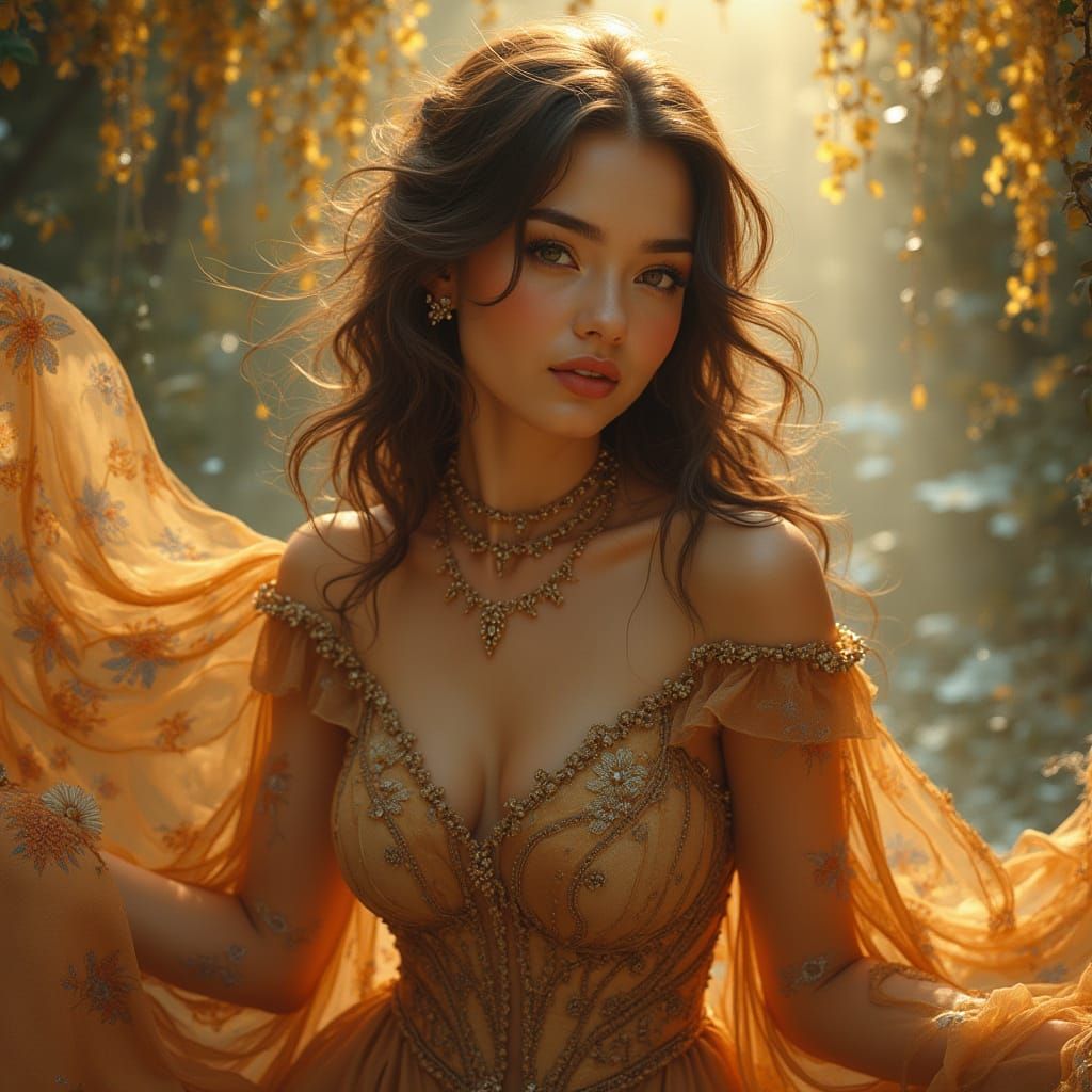 Elegant Woman in Flowing Attire, Art Nouveau Style