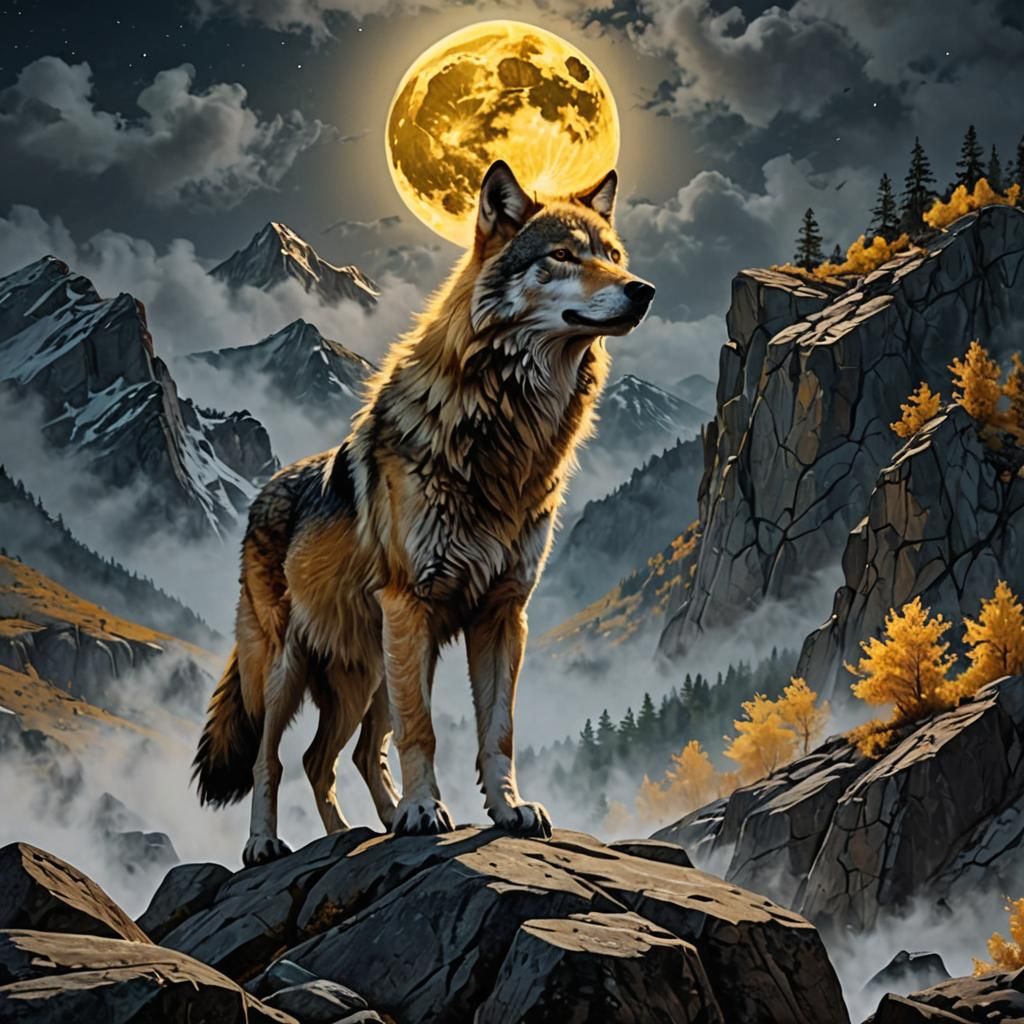 Golden Wolf Howling at the Full Moon