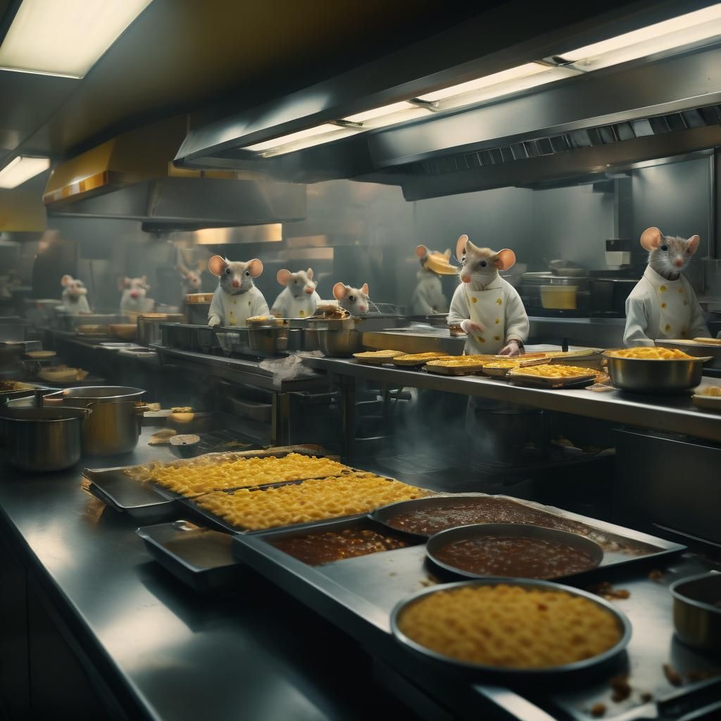 Mice Crew in McDonald's Kitchen: Cinematic Film Still