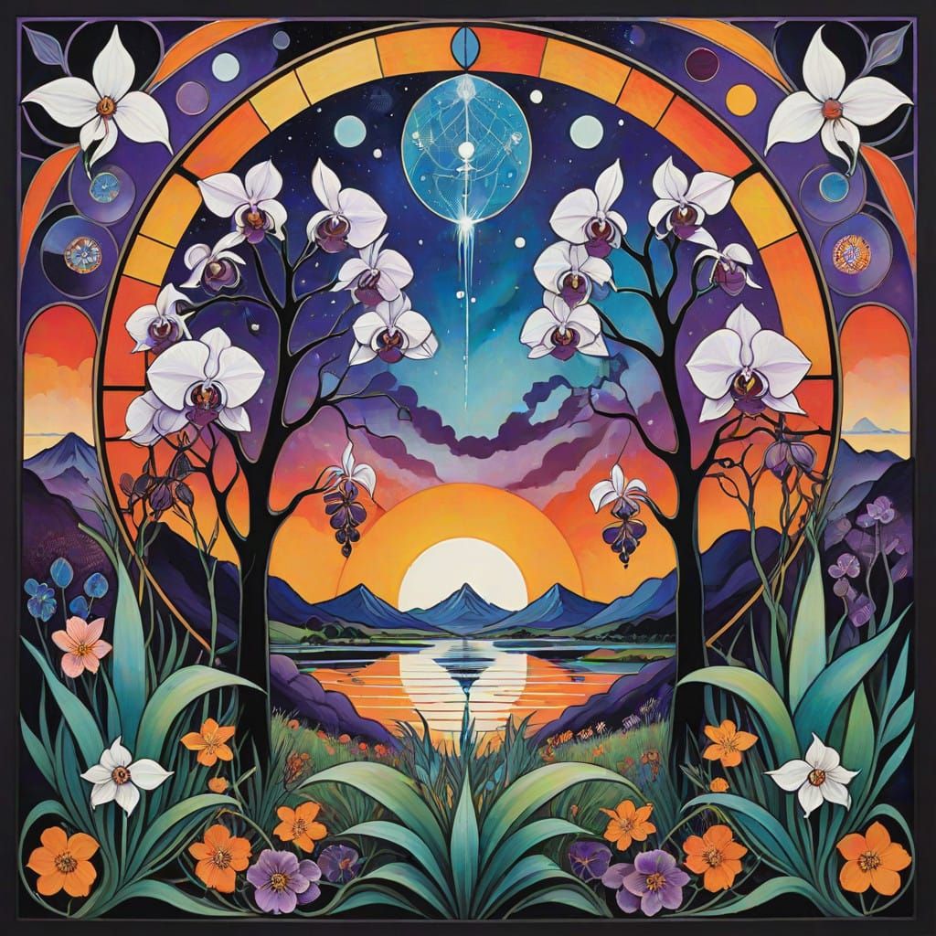 Bauhaus-Inspired Bioluminescent Mandala with Crystalline Tre...