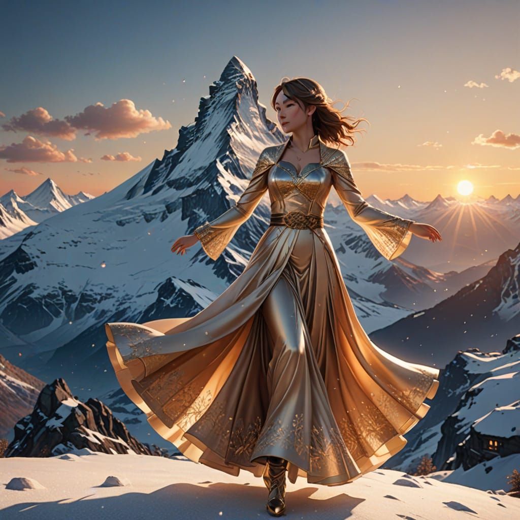 Anime 3D Art: Woman Dancing on Matterhorn at Sunset