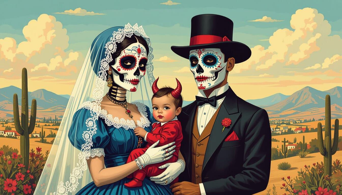 Catrina and Masked Man in Surreal Mexican Landscape