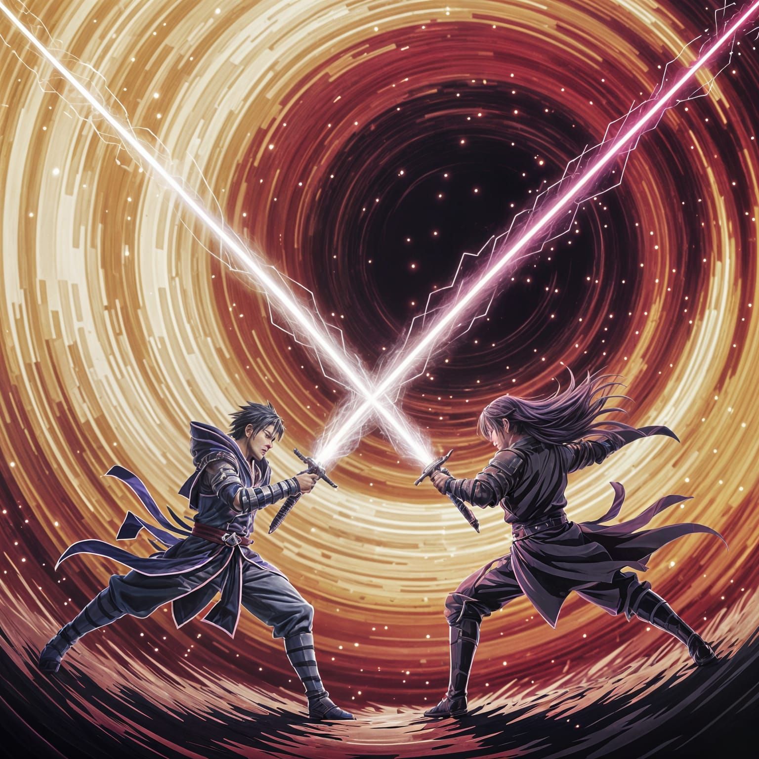 Anime Rivals Clash With Glowing Swords in Dramatic Light