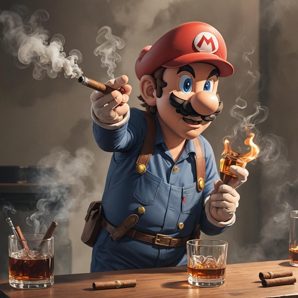 Super Mario Smoking Cigar in Anime Manga Style