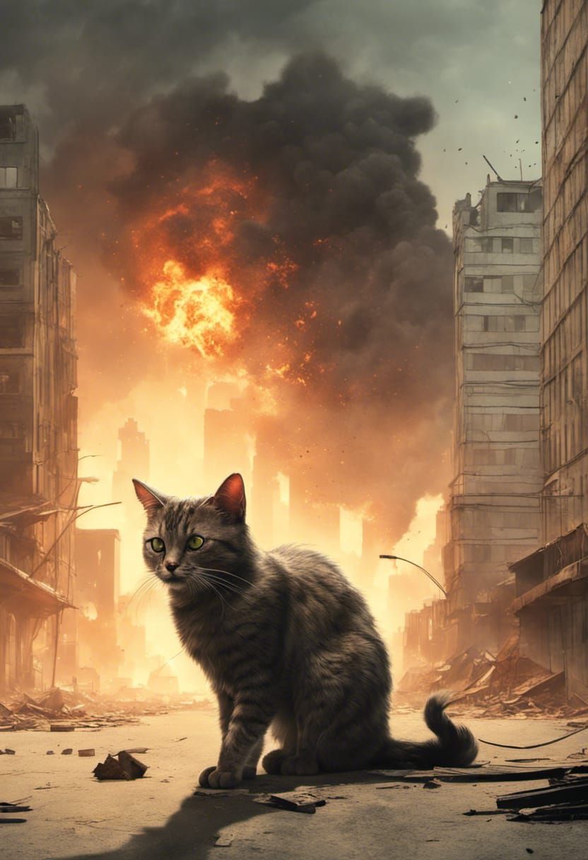 Cool Cat Strutting Away From Cyberpunk Explosion