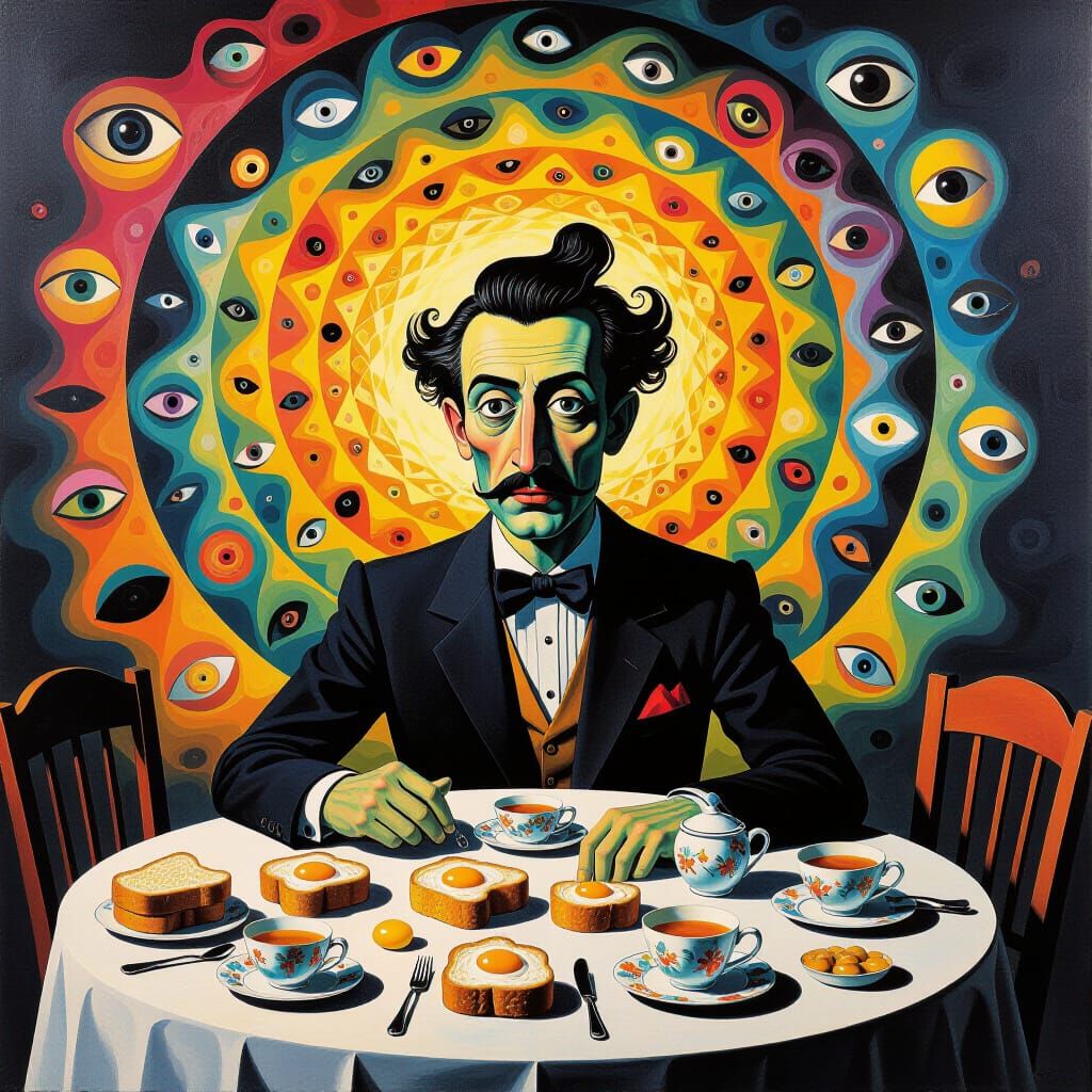 Surreal Breakfast Scene in Dalí and Bosch Style