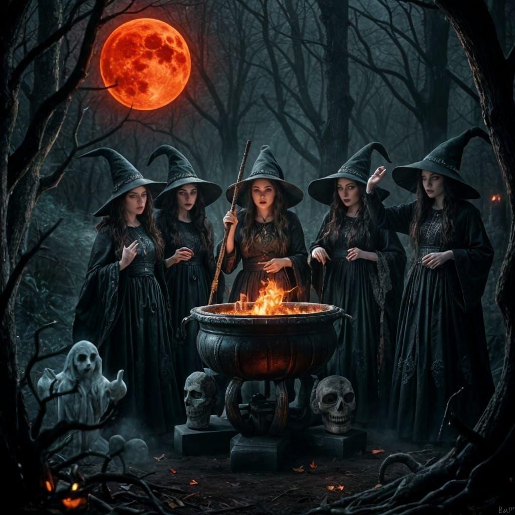 Witches Coven Gathered Under a Blood Moon