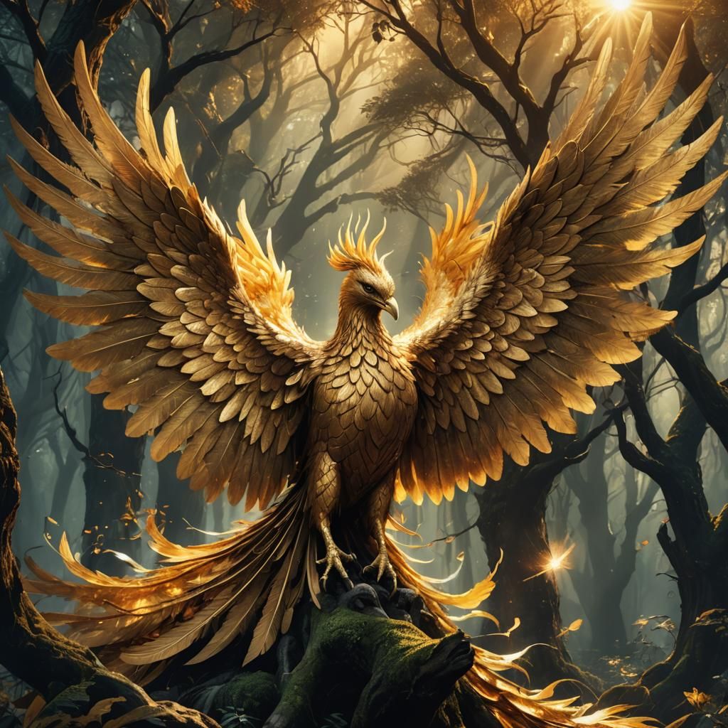 Golden Phoenix Cleansing Dark Forest with Light