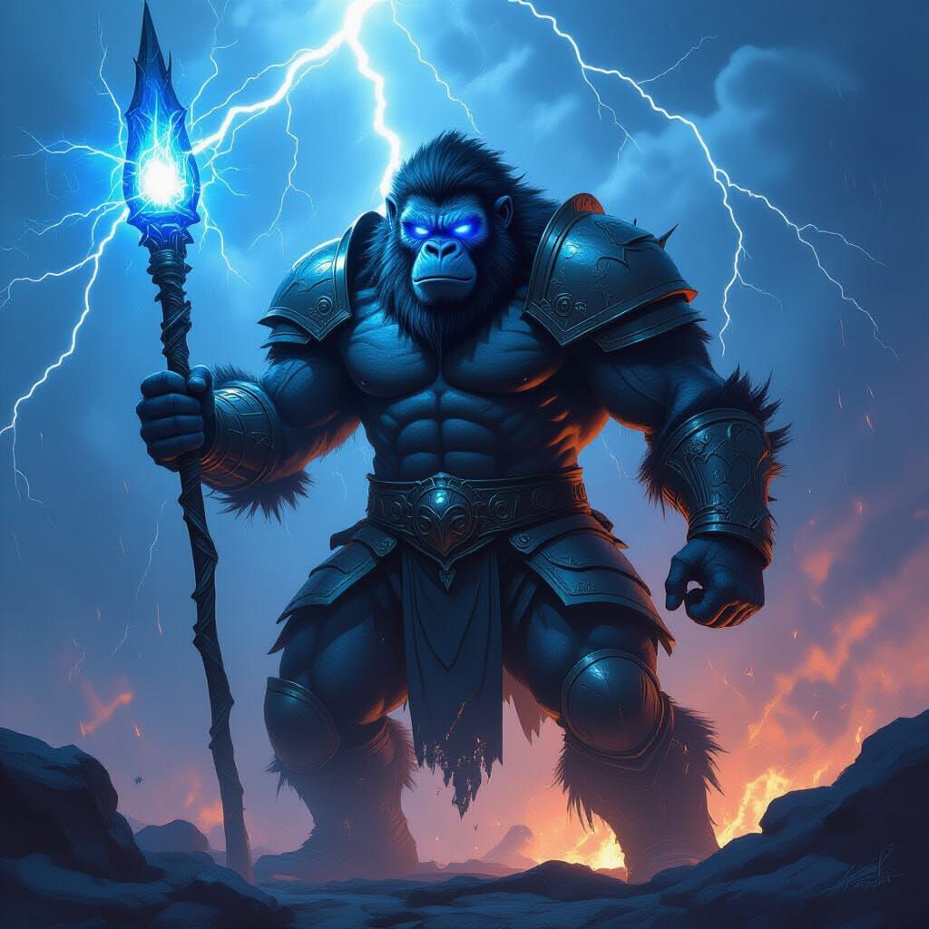 Armored Ape Wields Blue Staff in Lightning Storm