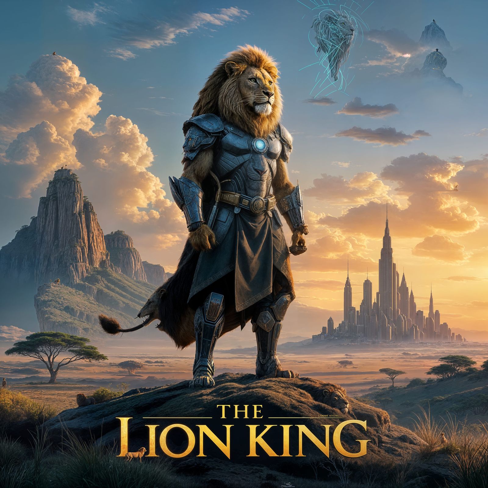 Cyberpunk Simba Warrior Poster in Photorealistic Style