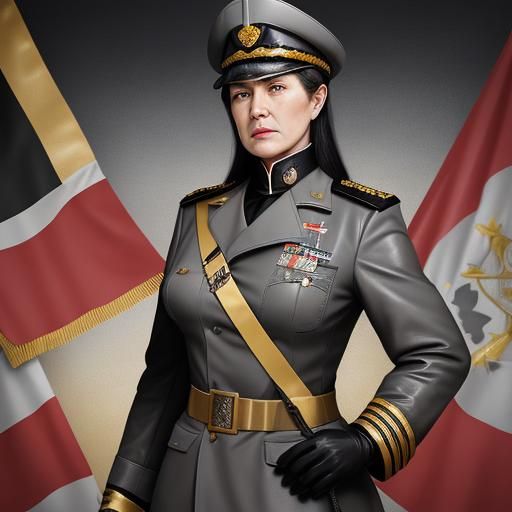 Female Dictator in Grey Leather Military Uniform