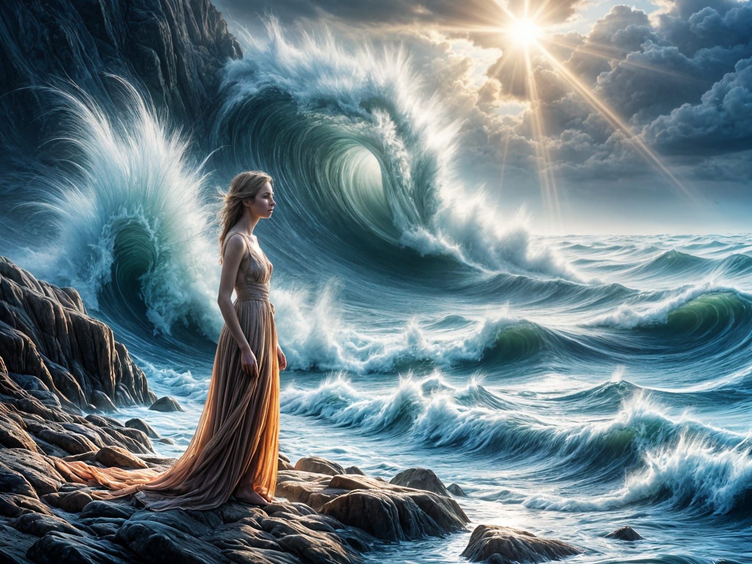Woman Gazing at Turbulent Ocean on Cliff