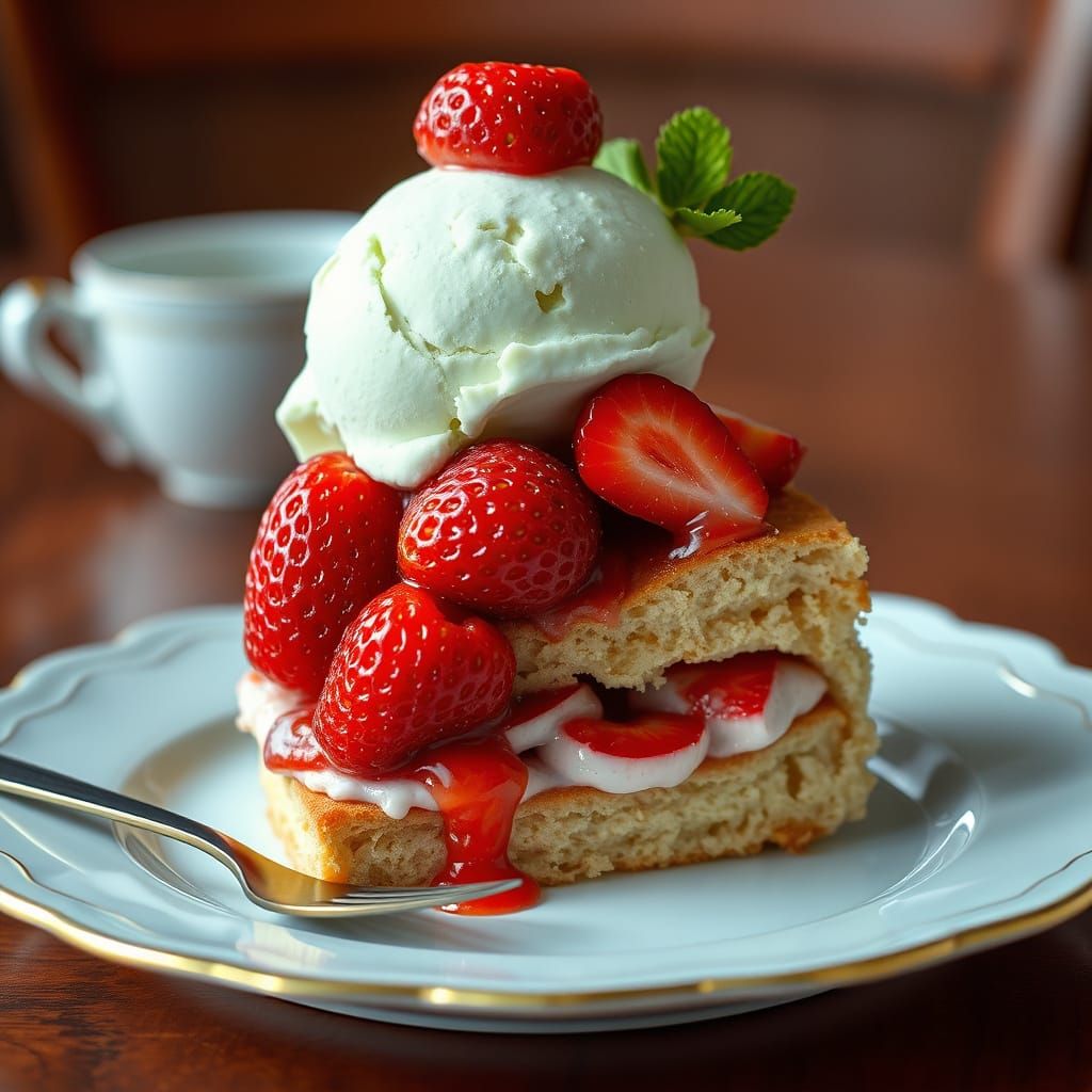 Hyperrealistic Strawberry Shortcake with Pistachio Ice Cream