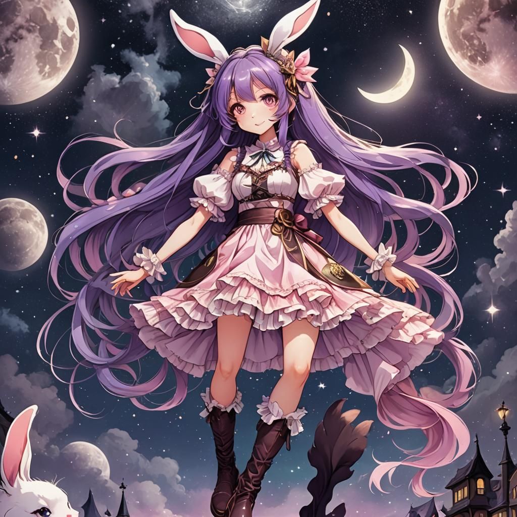 Anime Girl Holds Moon in Moe Style Illustration