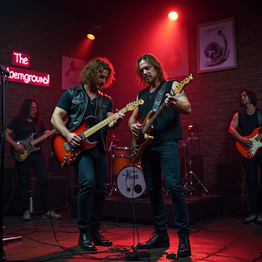 Muscular Guitarists Rocking The Underground Stage