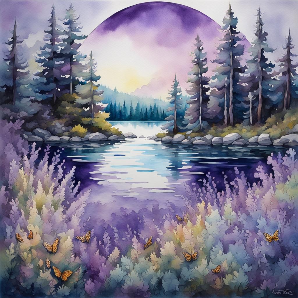 Watercolor Lake Scene with Silver Spruce Trees